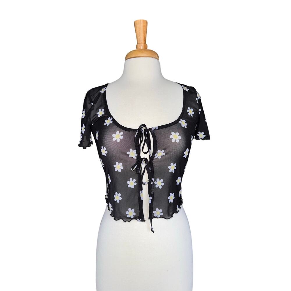 Y2K Sheer Daisy Mesh Crop Top Tie Front Ditsy Floral Fairy Grunge Baby Tee